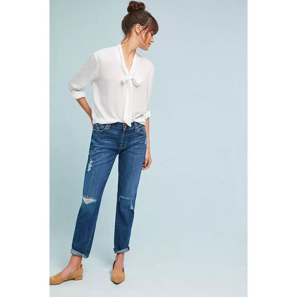 7 For All Mankind Josefina Skinny Boyfriend Jean Women's 25 Dark Blue Distressed - Picture 1 of 13